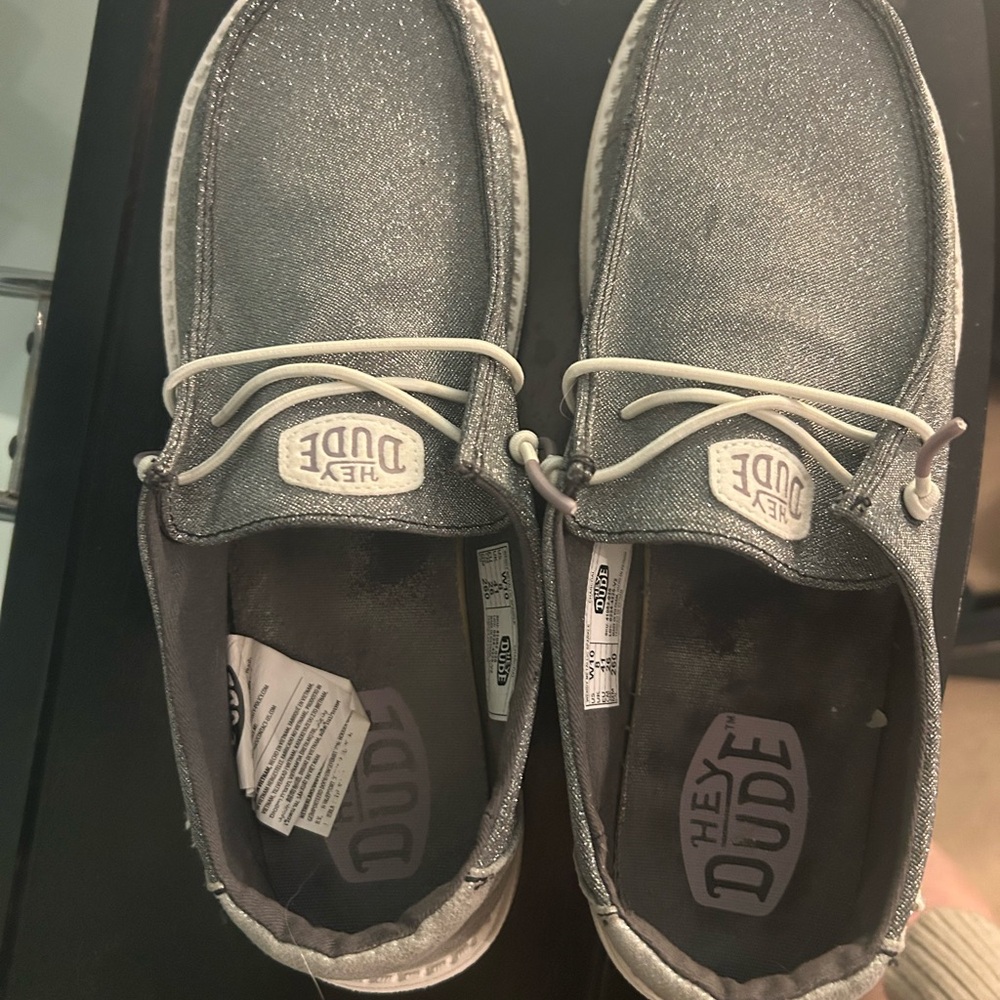 Hey Dude  Metallic Gray Loafers:  Size 10- women